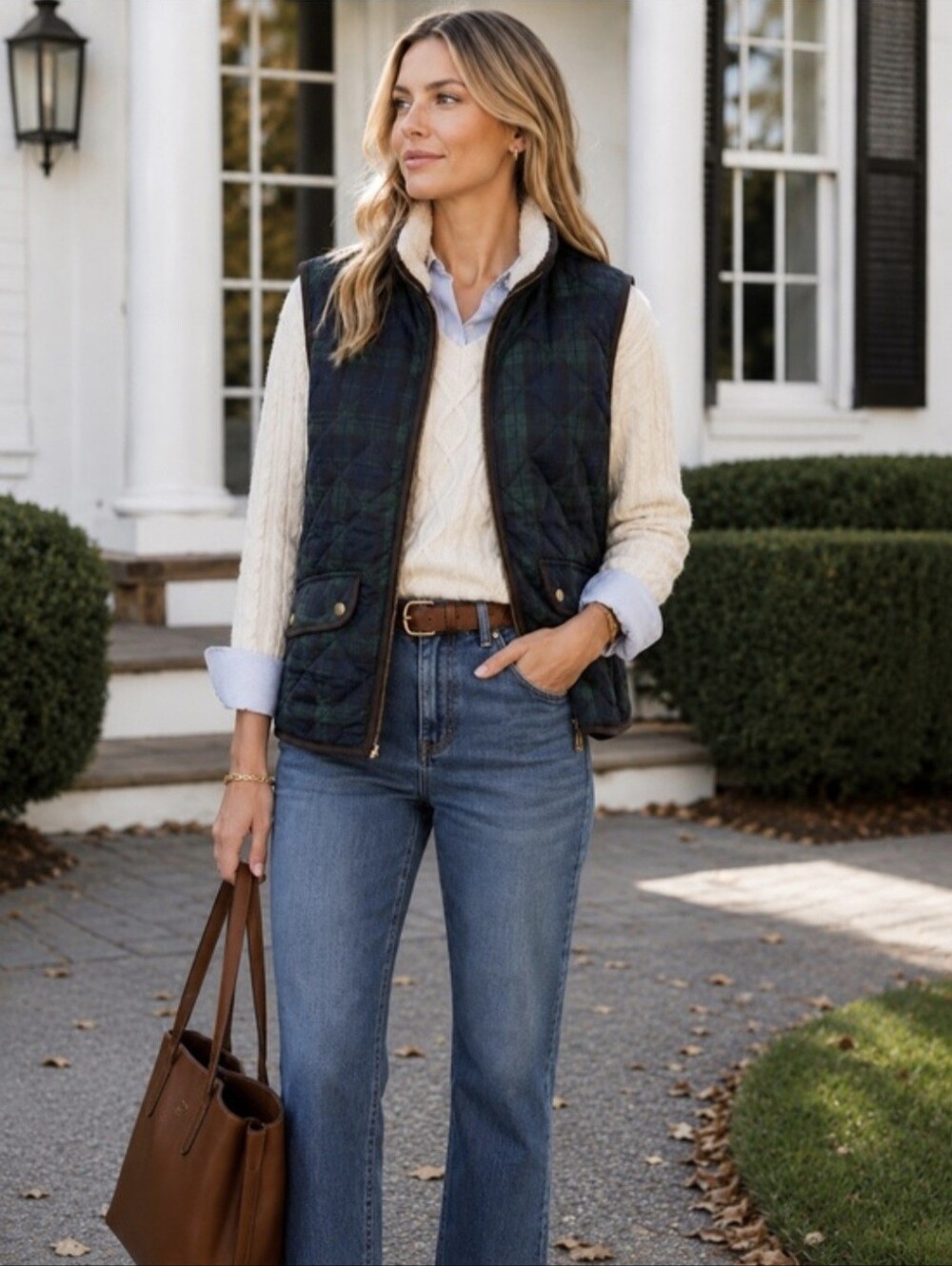 British Khaki Women's Green Plaid Puffer Vest Preppy Outdoor Fall Winter Medium